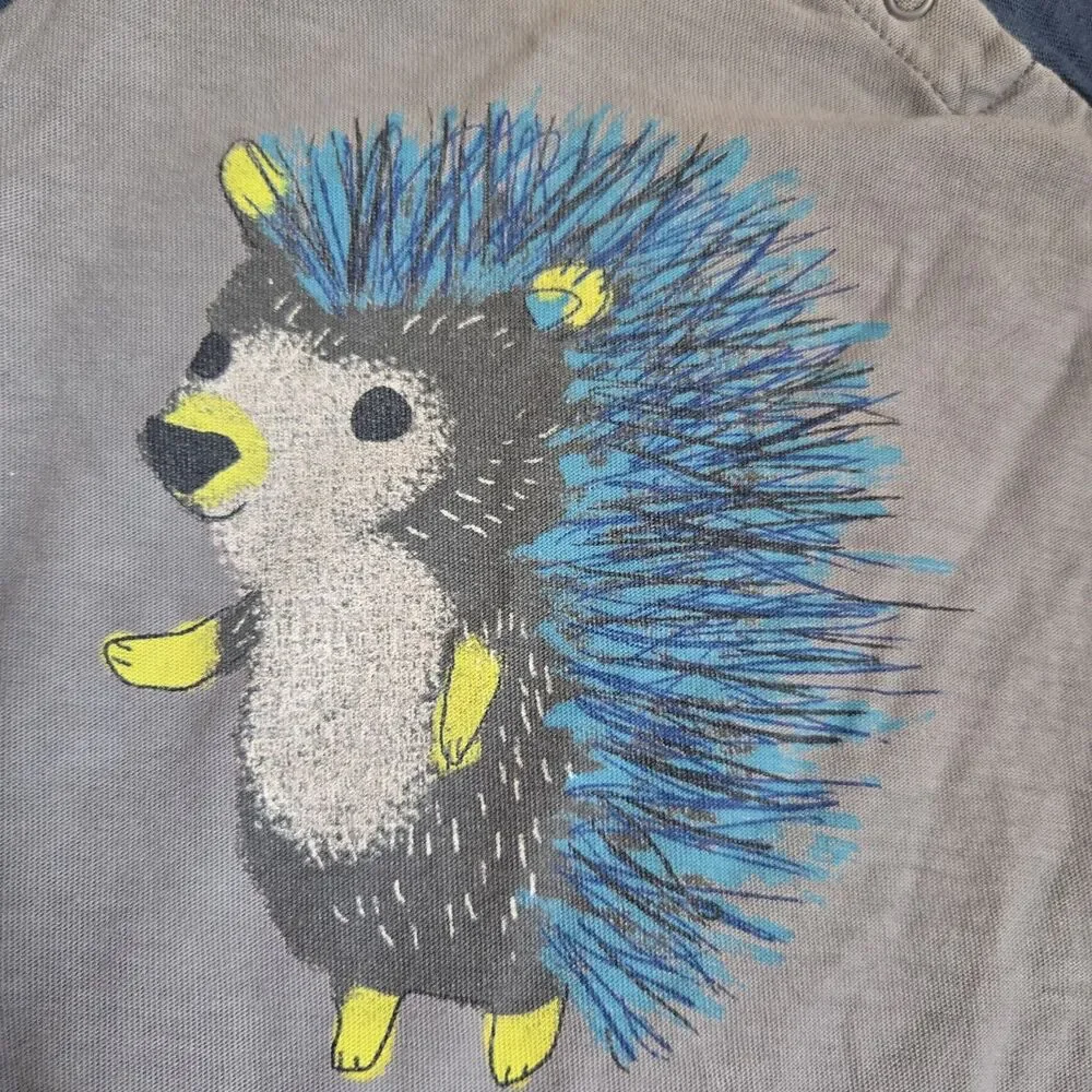 Tea Collection 3-6M Baby Romper One Piece Hedgehog Raglan Blue Grey Kidcore